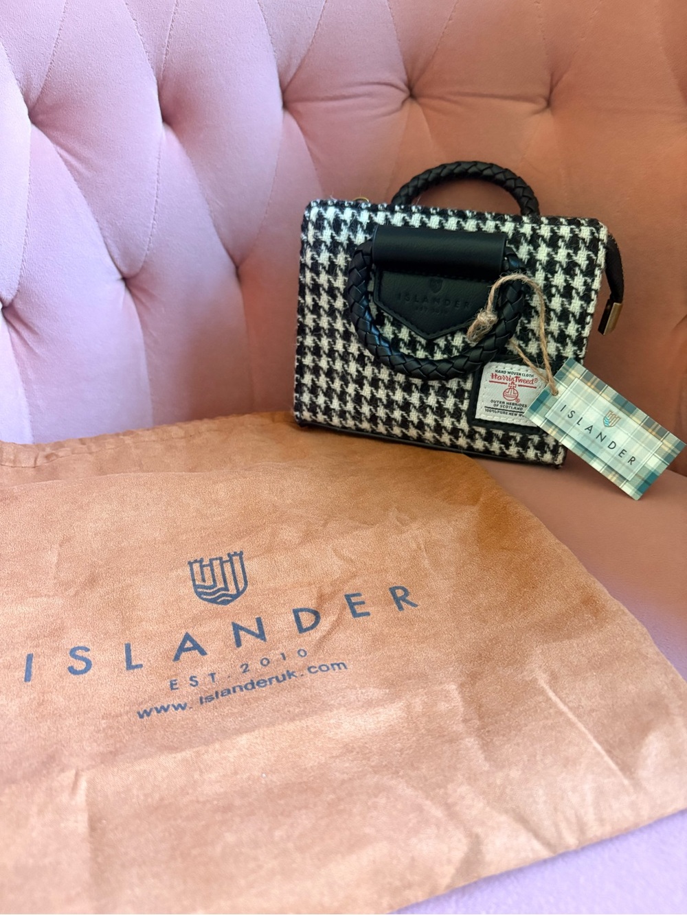 Islander Black & White Houndstooth Mini Satchel with Braided Handle Harris tweed